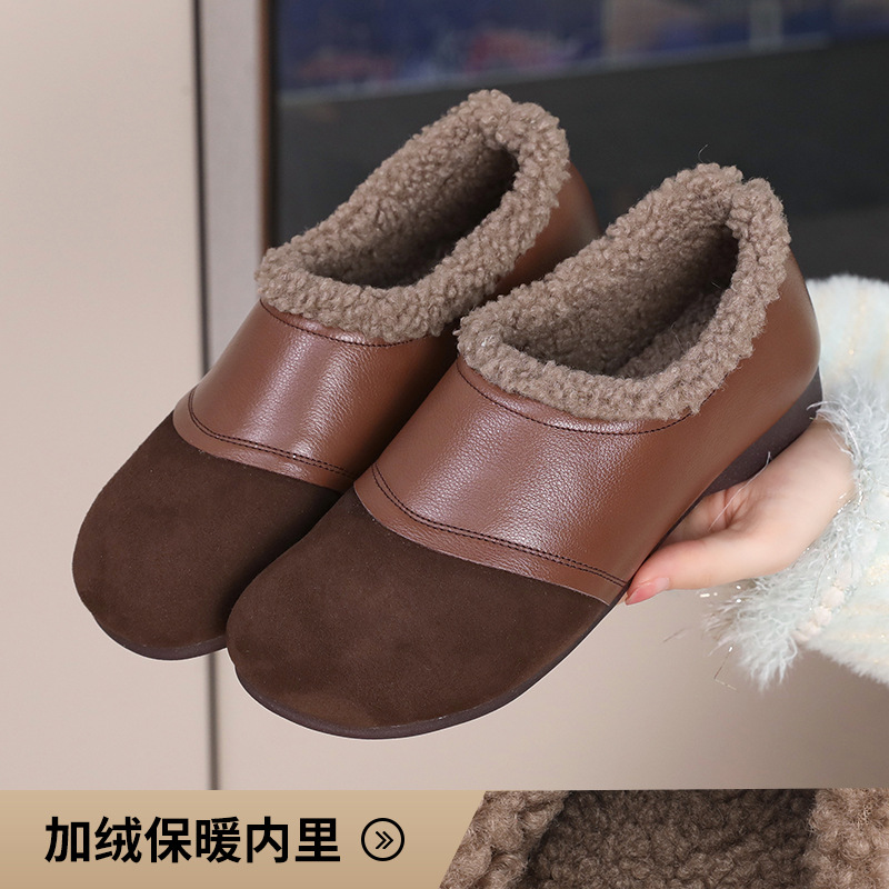 复古加绒真皮棉鞋女24冬季新款保暖舒适大码中老年毛毛妈妈鞋乐福
