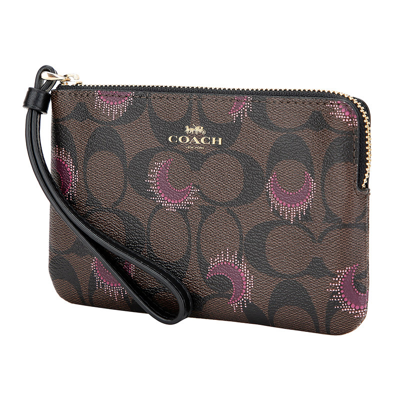 coach蔻驰奢侈品女士深咖图案款人造革短款手拿包零钱包f87777impgq