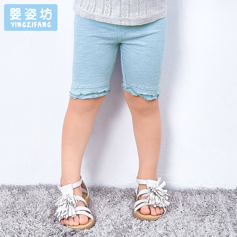 女童夏季纯色透气清凉木耳边裤口柔软公主五分裤1-5岁73-120码