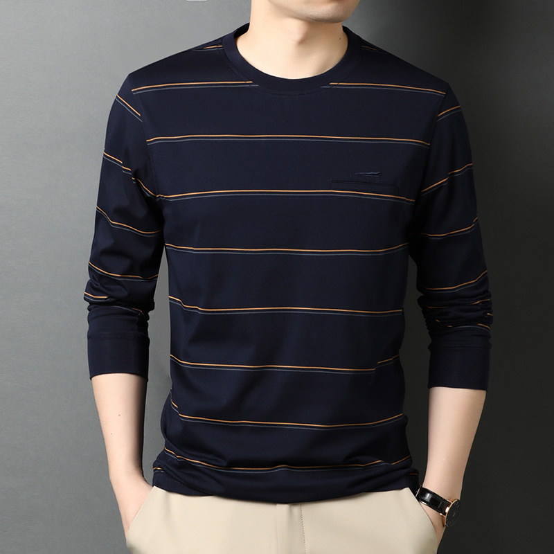 ceba22秋季男士圆领长袖t恤男装简约休闲条纹t恤男装上衣