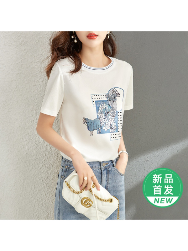 OUNIXUE欧昵雪 | [时尚套头短袖]夏季艺术风撞色罗纹圆领休闲印花女式T恤