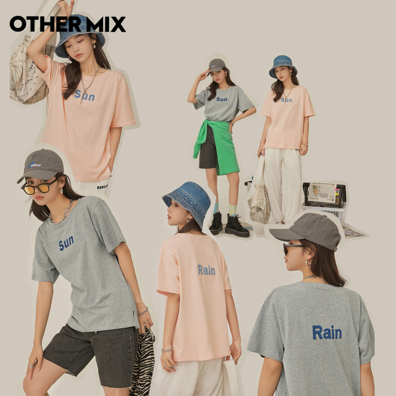 othermix字母绣花t恤女2021年夏季新款时尚薄款圆领宽松短袖上衣