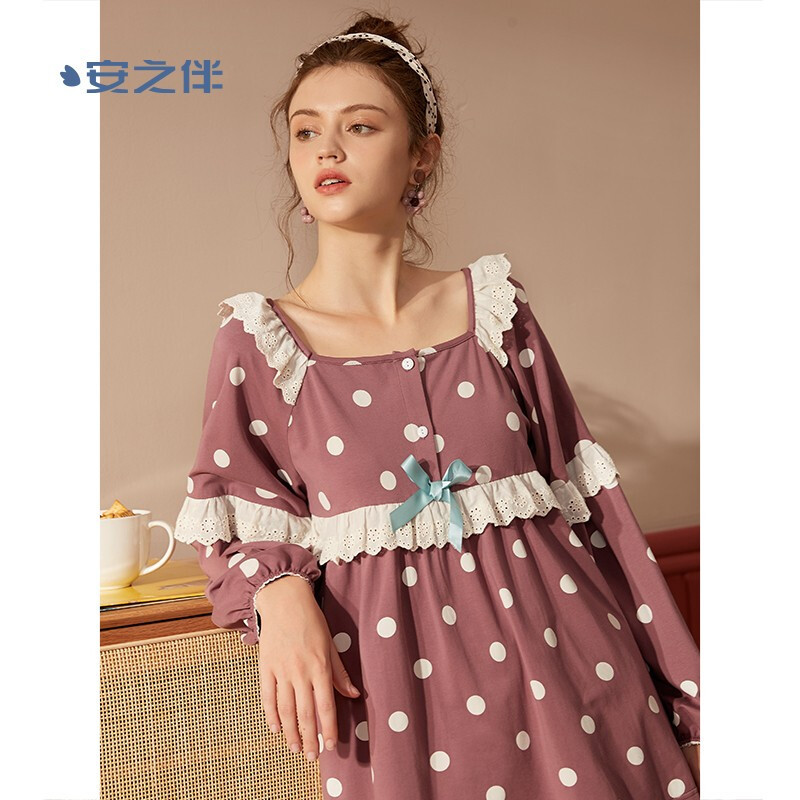 安之伴睡衣女秋棉质少女家居服弹力针织印可爱少女小圆点可外穿长袖女套装