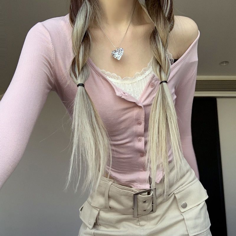 粉色纯欲蕾丝薄款女装假两件拼接低领减龄显白辣妹长袖上衣春秋季