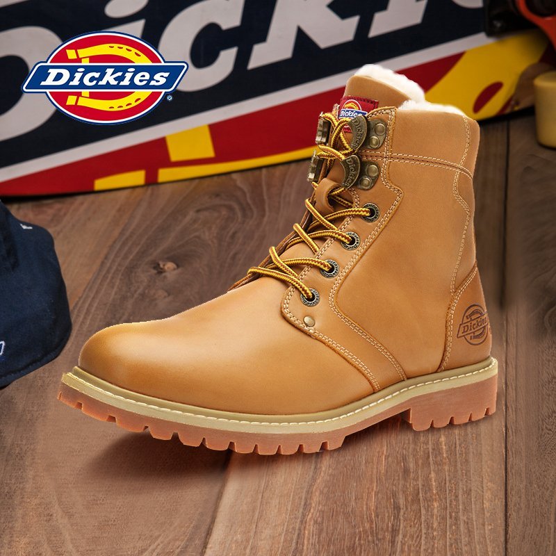Dickies冬季新款男靴加绒保暖雪地靴男户外真皮厚底工装靴大黄靴163M50LXG08