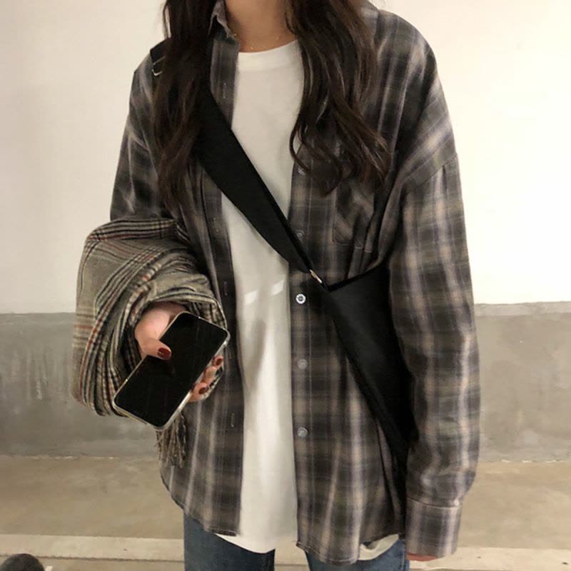 如熙格子衬衫女韩范宽松原宿风薄外套百搭学生长袖衬衫图片