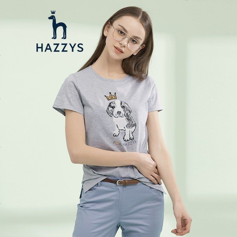 哈吉斯HAZZYS 新款女圆领T恤 休闲简约皇冠狗短袖上衣