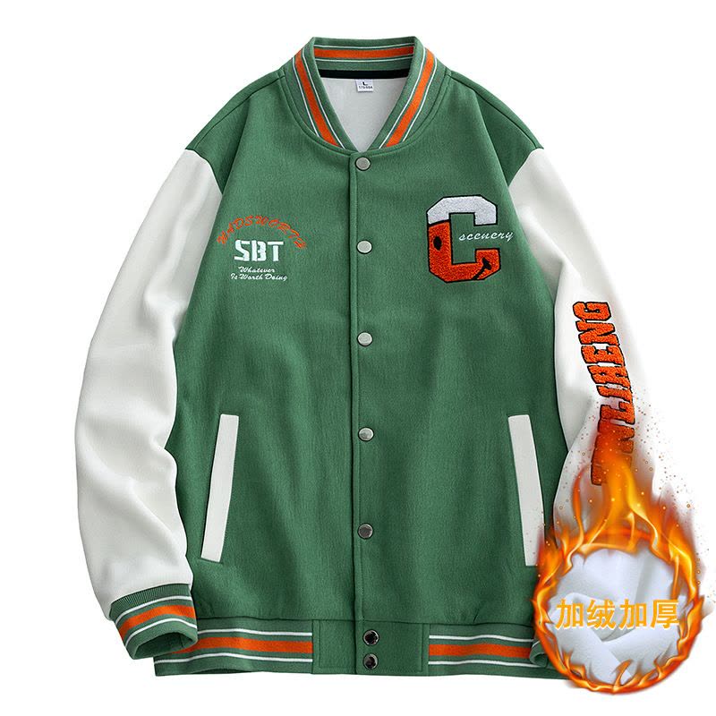 男装秋冬季加绒棒球服韩版开衫排扣立领字母绣花宽松外套图片