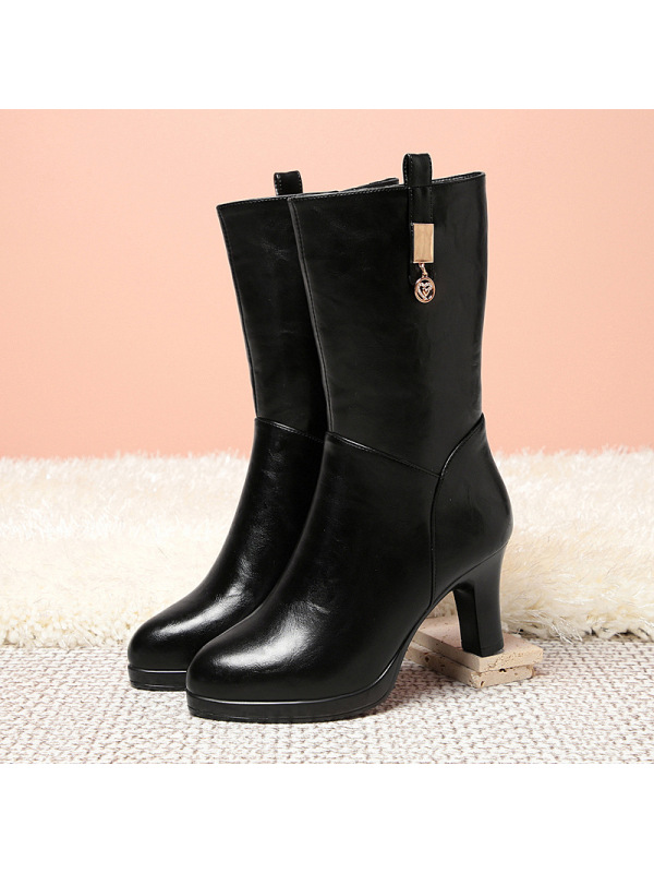 中年妈妈靴子女冬加绒马丁靴女高跟小跟中筒靴加绒棉靴软皮靴棉靴