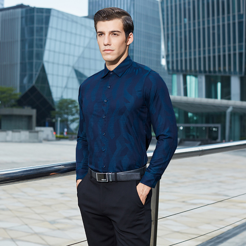 才子男装长袖衬衫男秋季新品时尚几何印花拼接舒适百搭商务休闲长袖