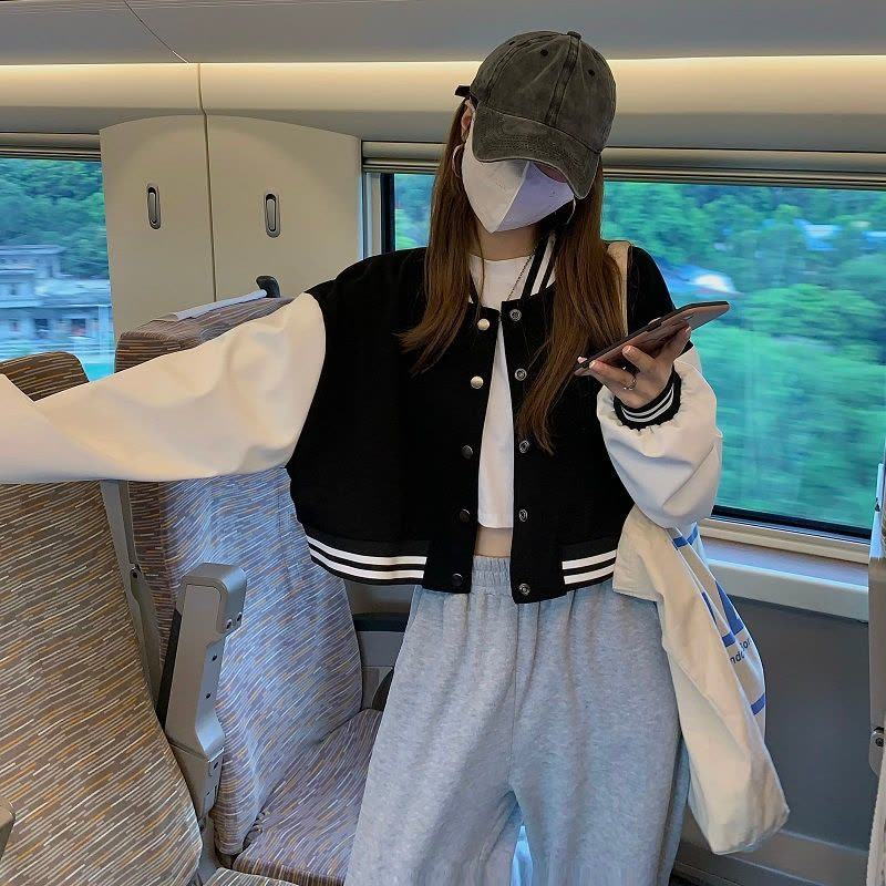 秋冬季短款棒球服长袖单排扣外套女装新款小个子美式高街ins图片