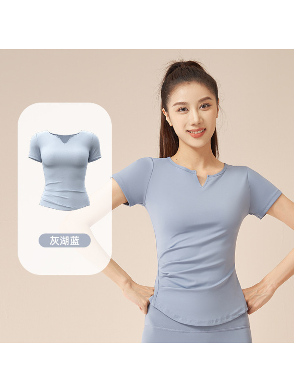 速干V领短袖裸感健身褶皱T恤百搭运动上衣跑步瑜伽短袖女