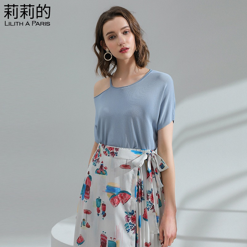 莉莉的 纯色露肩短袖女式针织T恤 2018夏新款女装圆领不对称简约宽松上衣