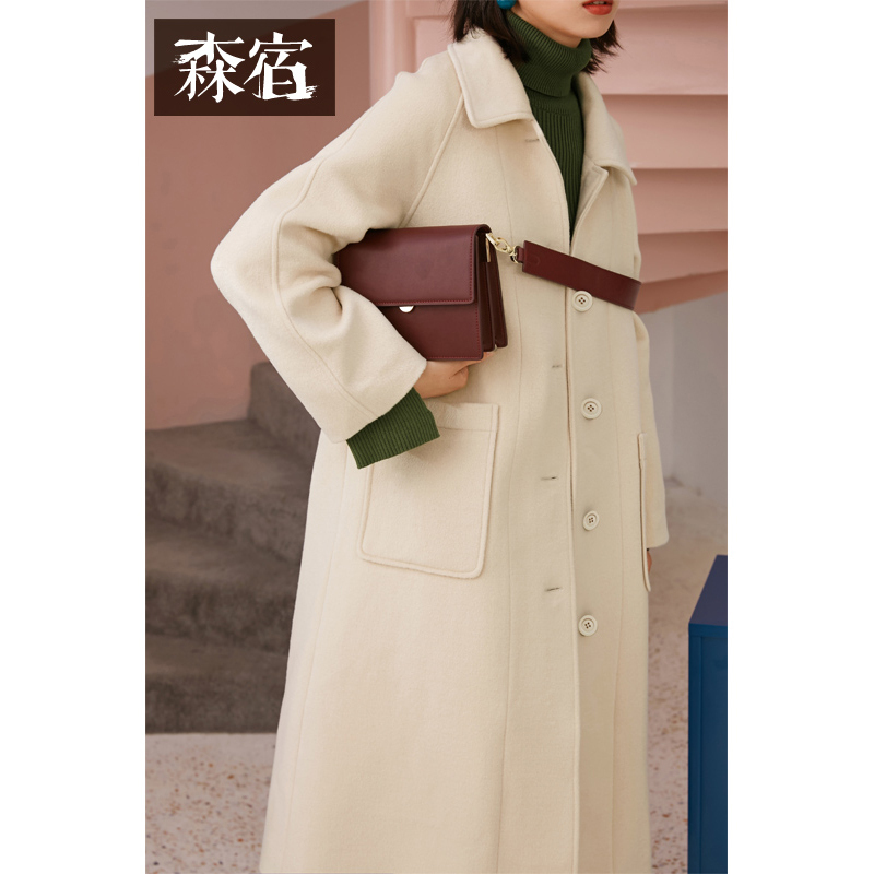森宿Y纯色翻领毛呢大衣女冬装2018新款ins宽松加厚中长款呢子外套