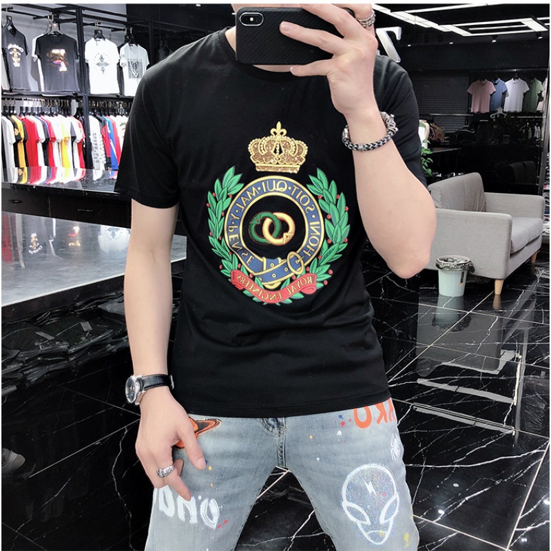 Ceen Bulled男士短袖T恤男潮流修身重工皇冠刺绣印花欧货潮ins丝光棉体恤男款