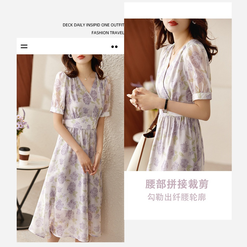 OUNIXUE欧昵雪 | [浪漫花卉印花裙]夏季复古V领轻纱显瘦A字裙时尚连衣裙女