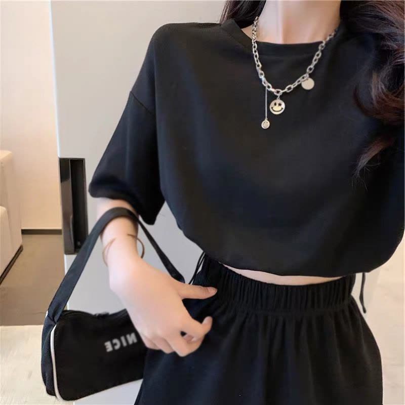 纯色抽绳短袖T恤夏季新款高腰显瘦宽松百搭运动短裤两件套装图片