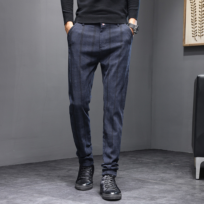 条纹格子休闲裤男潮流新款秋季韩版高弹男式休闲长裤不起球不褪色视频