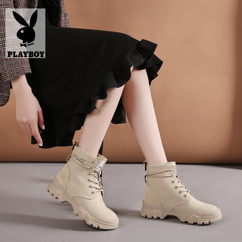 PlAYBOY/花花公子冬季新款加绒英伦风沙漠网红系带时尚短靴工装靴女K10299183