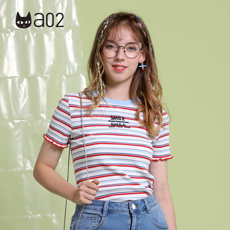 a02新款2020少女减龄撞色条纹拼接木耳边短款T恤女夏DTV2D0751KT