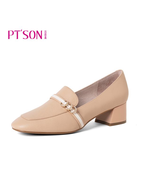 百田森乐福鞋女一脚蹬春季新款方头粗跟休闲中跟单鞋女真皮