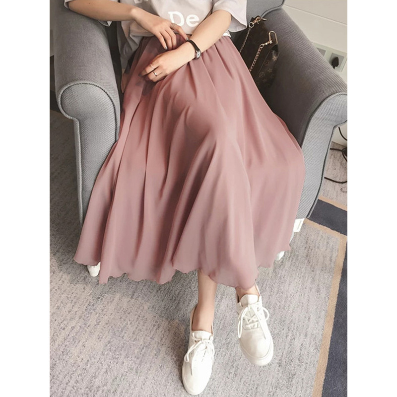 如熙 夏网纱半身裙女韩版高腰中长款百褶裙宽松女