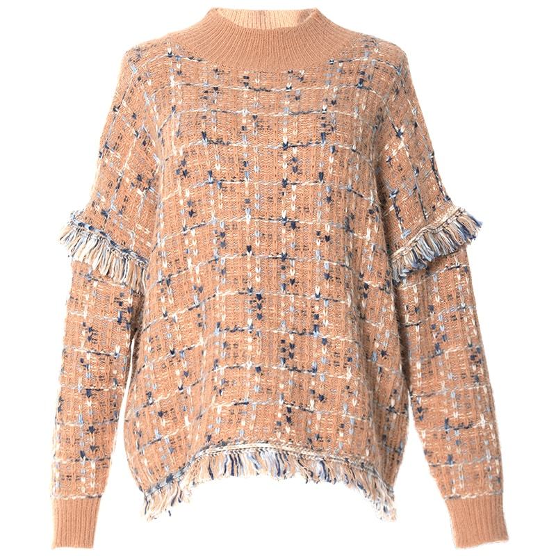 欧昵雪花色半高领宽松针织毛衣女粗毛线长袖毛边上衣