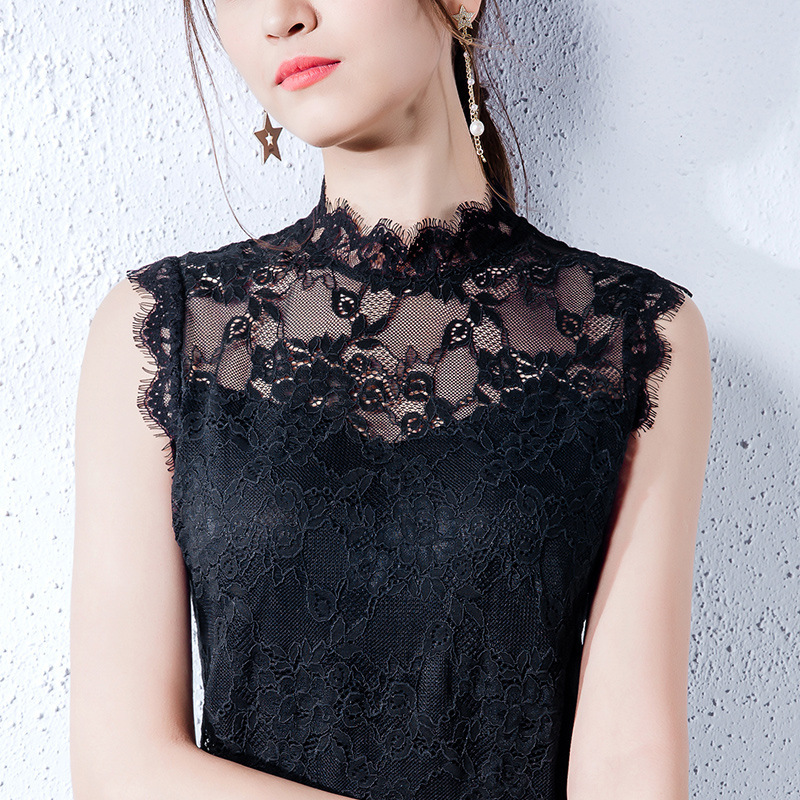 黑色蕾丝无袖背心女外穿夏季大码勾花镂空韩版小立领性感小衫