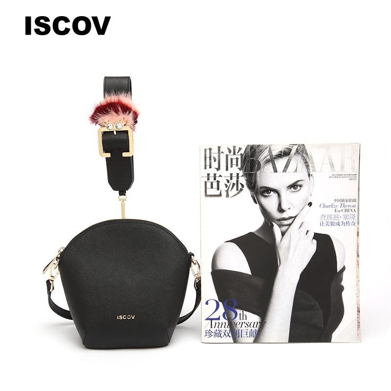 ISCOV十字纹牛皮斜挎包 春夏 时尚绒球手提单肩包