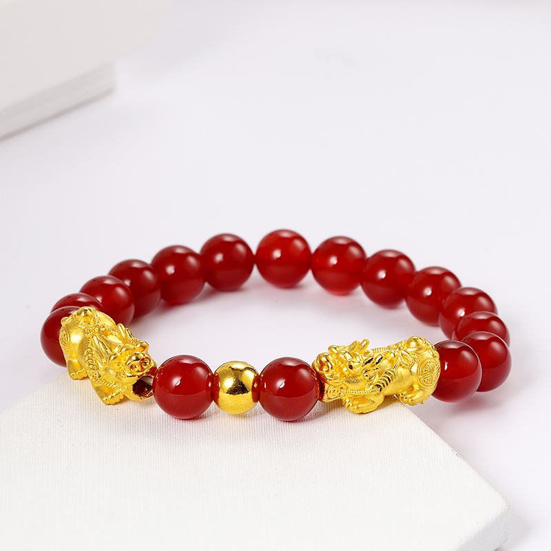 黄金码头 3D硬金足金999转运珠光珠两只貔貅红玛瑙手串男女通款手饰礼