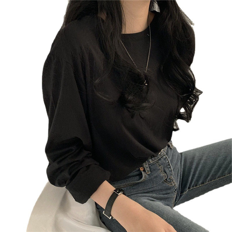 春秋季韩版新款纯色长袖T恤女宽松百搭学生衣服女装上衣