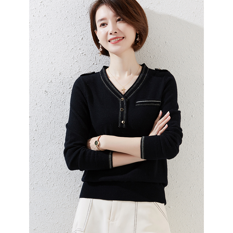 恒源祥女士羊毛衫2020新款纯羊毛秋冬V领女士长袖打底针织衫毛衣
