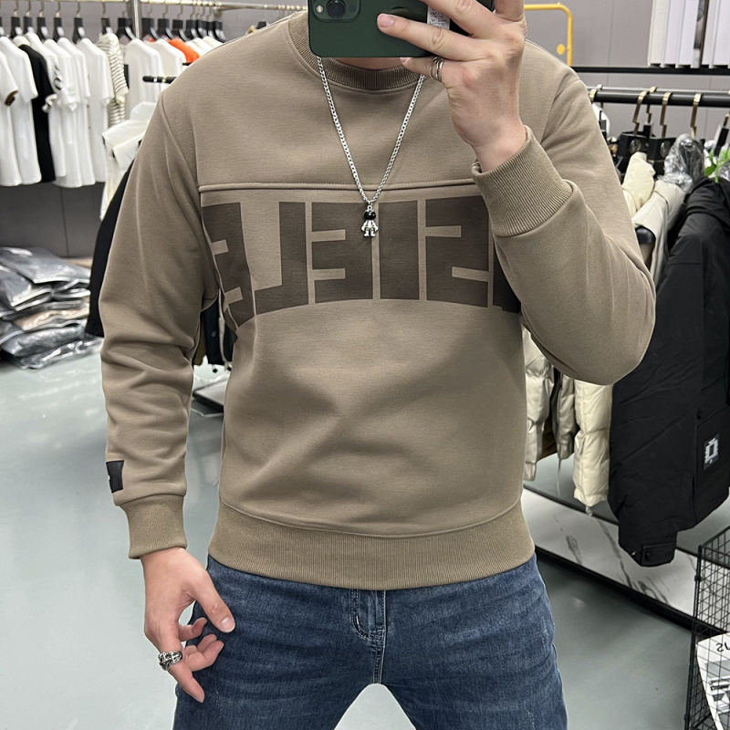 男士打底衫潮流印花字母卫衣秋冬季加绒加厚圆领套头上衣青年内搭