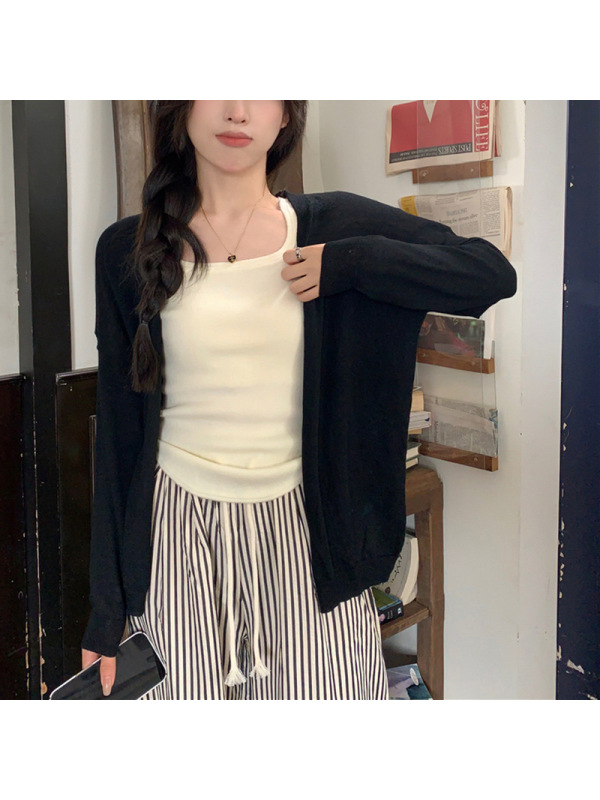 薄款慵懒风长袖针织衫女秋季新款韩版宽松纯色百搭设计感开衫上衣