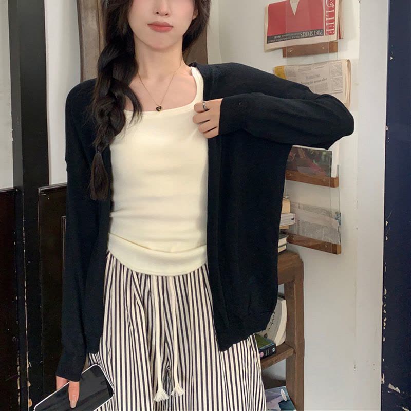 薄款慵懒风长袖针织衫女秋季新款韩版宽松纯色百搭设计感开衫上衣图片