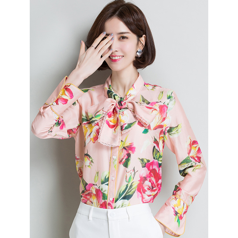 恒源祥女士衬衫长袖春季款桑蚕丝粉色印花真丝衬衣