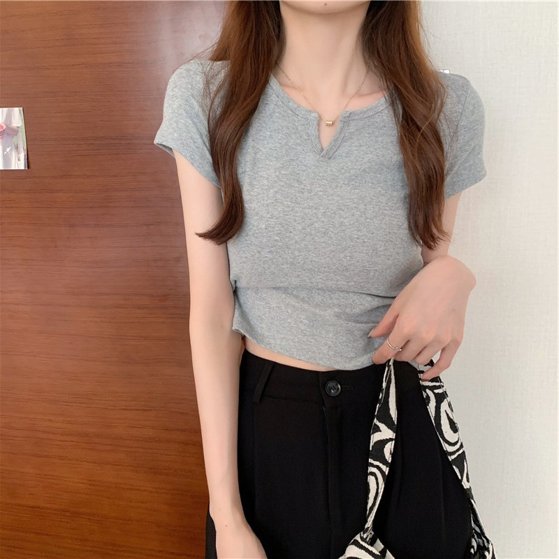 小V领短款设计感修身上衣女夏季露脐纯色短袖T恤女性感女装潮