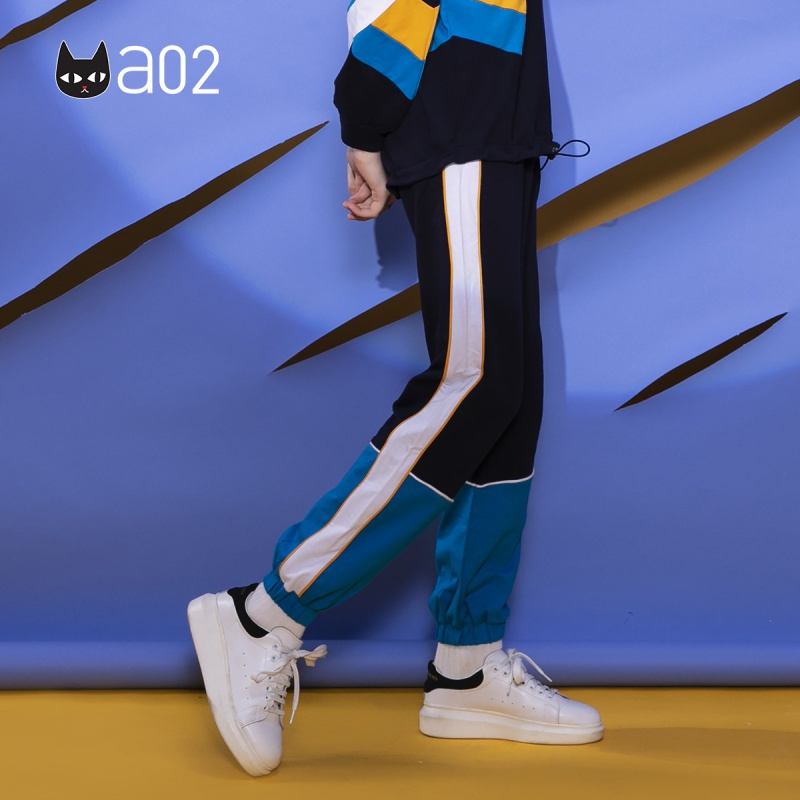 a02新款个性撞色拼接裤子松紧带显瘦束脚休闲裤女DTU5A0481PN