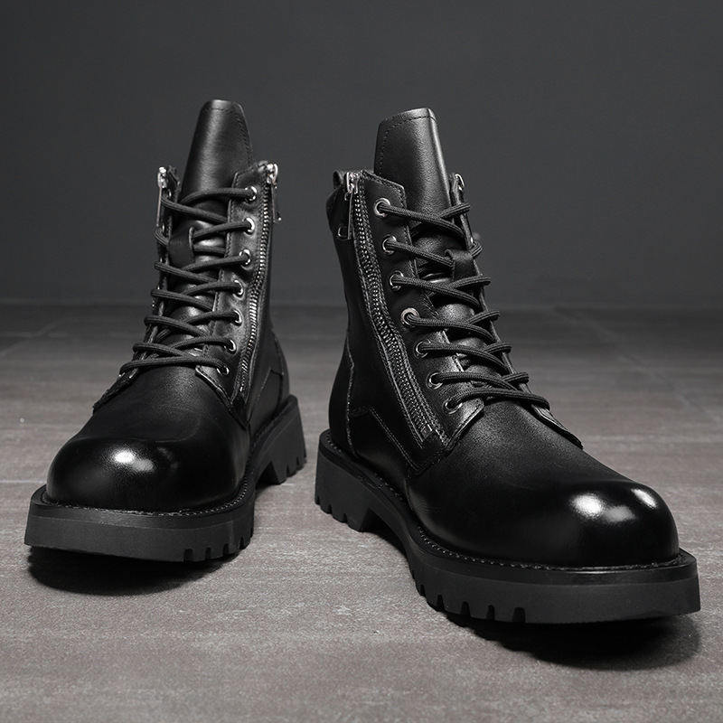 马丁靴战靴黑色真皮厚底增高中高帮鞋靴子潮鞋机车靴头层牛皮皮鞋