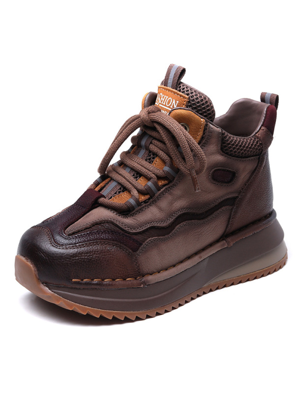 头层牛皮复古厚底休闲鞋女秋季新款百搭拼色高帮鞋软底短靴