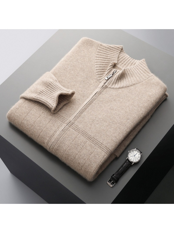 秋冬新款男士100羊毛开衫加厚拉链外套商务立领针织衫毛衣