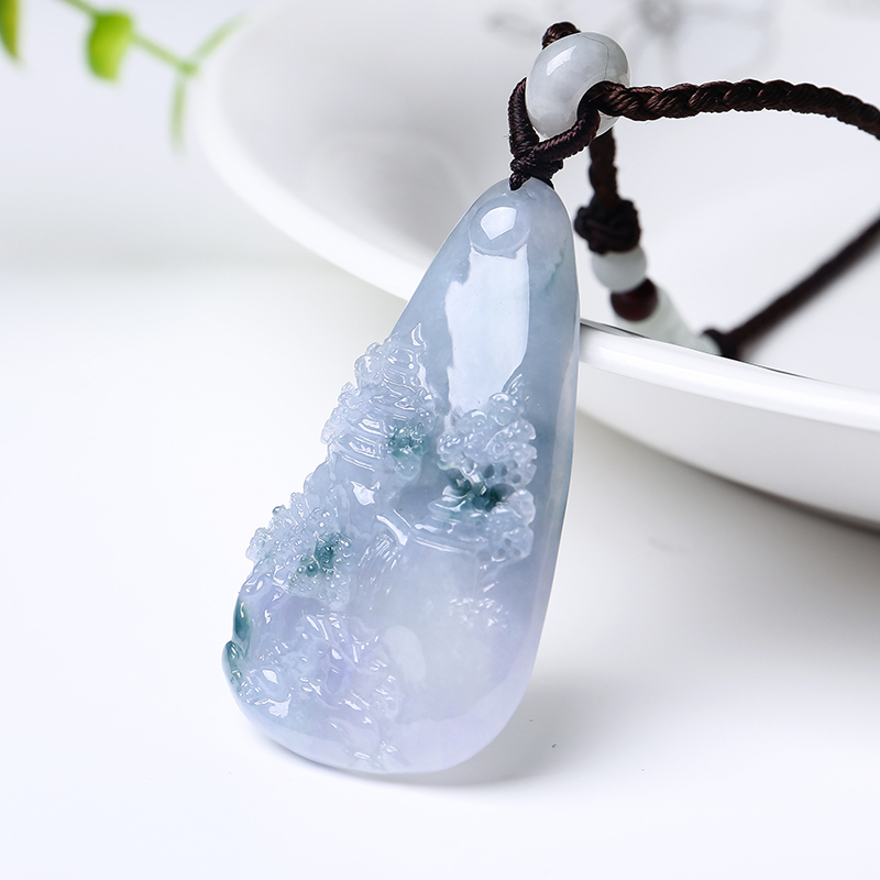 印象眸翡翠紫罗兰山水牌吊坠男女款意境玉石孤品坠子附送证书