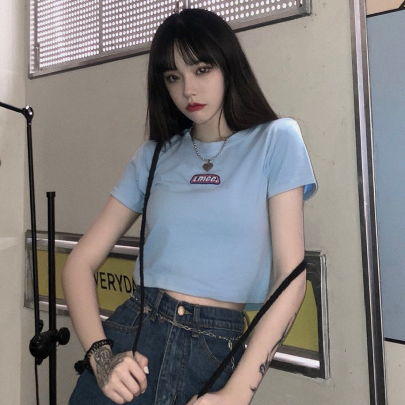 短款T恤女夏装韩国女装高腰短袖T恤女紧身露脐上衣服女装