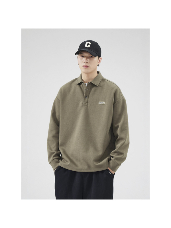 |卫衣男早秋季新款宽松套头长袖POLO衫男士潮流翻领打底衫