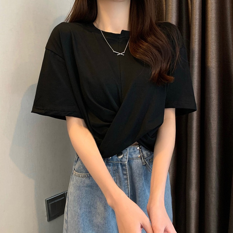 棉质T恤圆领宽松短袖女夏装新款ins小心机白色半袖短款上衣潮