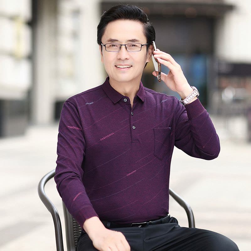 真口袋商务休闲宽松版秋季爸爸装长袖简约斜纹T恤男中年polo衫图片
