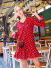 红裙子抖音厌世丧系波点egg裙法式设计感红色娃娃领连衣裙女夏