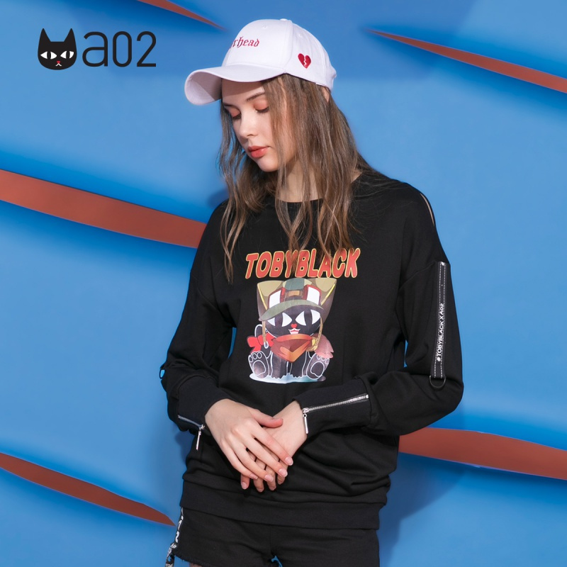 a02新款个性少女露肩拉链卡通印花中长款卫衣女DTU5B0571KT