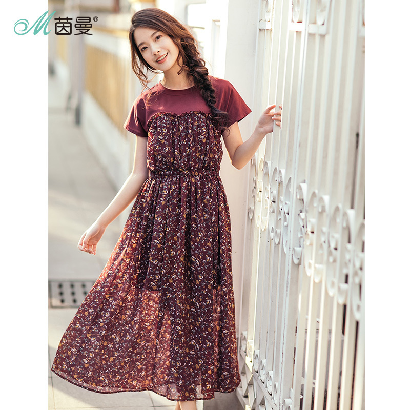 茵曼夏装新款短袖假两件木耳边松紧腰雪纺碎花连衣裙女中长裙f