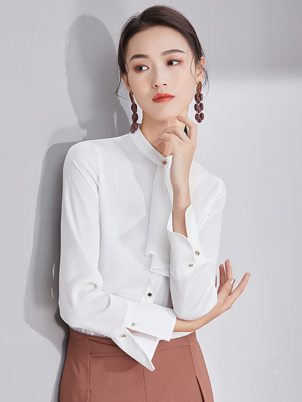 欧昵雪春秋季新款喇叭袖荷叶边立领衬衣女ol气质长袖白色衬衫q